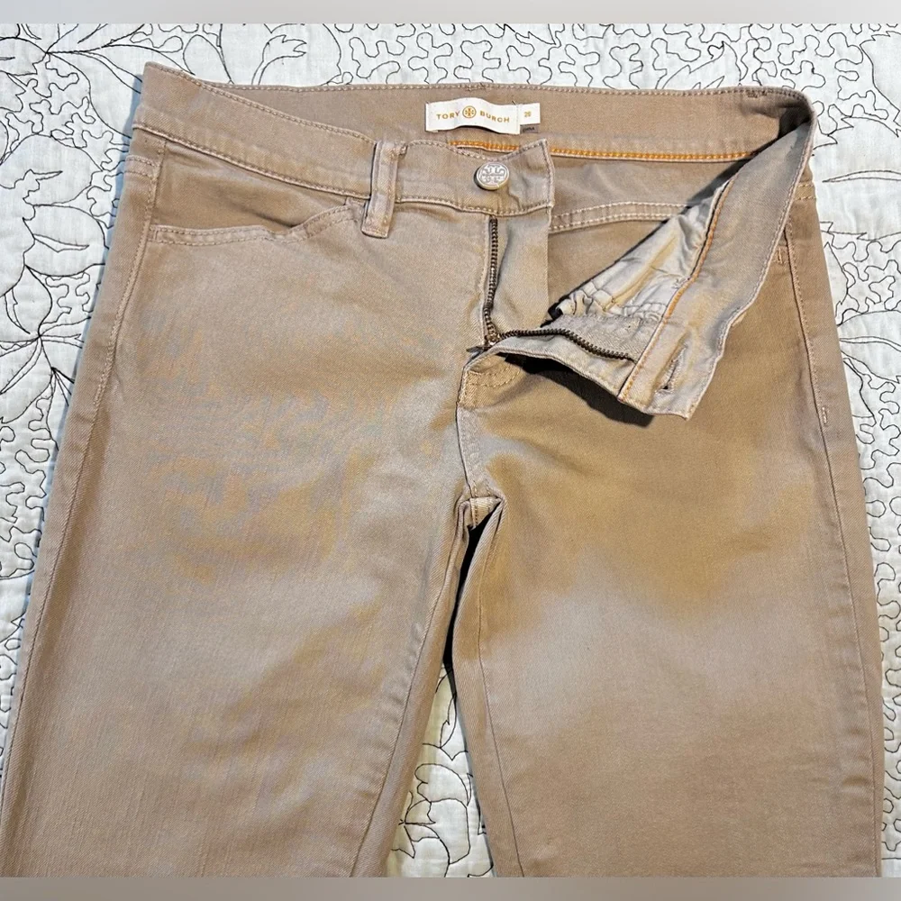 Tory Burch Emmy Beige Slim Ankle Pants Gold Snap Detail Stretch Sz 26💛